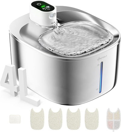 Wireless Cat Water Fountain, 135 Fl Oz/4L Battery Operated Cat Fountain Stainless Steel with Water Level Window, 3 Work Modes, Cordless Pet Water Fountain for Cats, Dogs, Pets, Inside