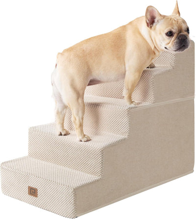 Dog Stairs for High Bed 22.5”H, 5-Step Dog Steps for Bed, Pet Steps for Small Dogs and Cats, Non-Slip Balanced Pet Ramp Indoor, Beige