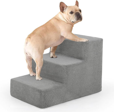 Comfortable 3-Tier Dog Stairs for Small Breeds - Soft Foam Steps with Washable Cover for Easy Access to Couch and Bed, Perfect for Injured, Short-Legged, and Senior Dogs - Stylish Grey Design